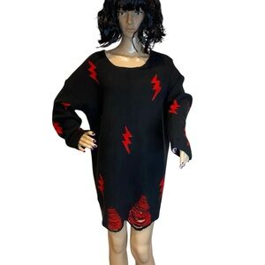 Buddy Love Oversized Distressed Lightning Bolts Sweater Black Red Size Large EUC